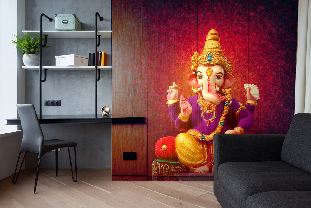 Ganpati With Golden Mukut Self Adhesive Sticker For Wardrobe