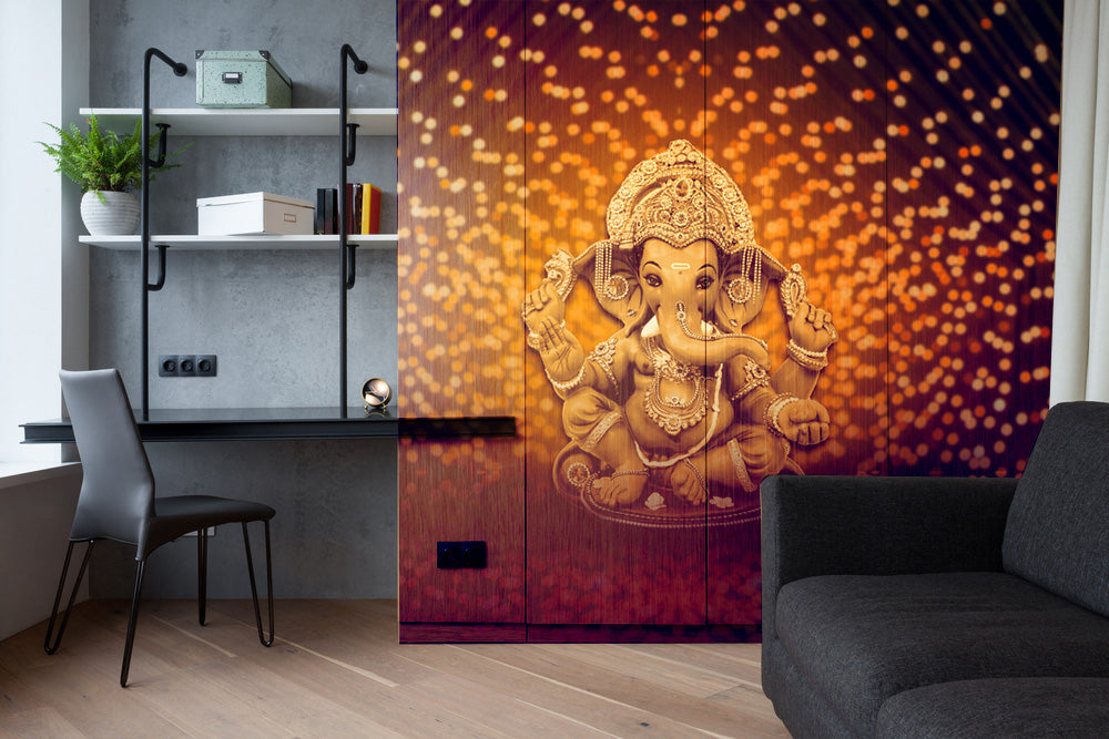 Ganpati With Background Lightning Self Adhesive Sticker For Wardrobe