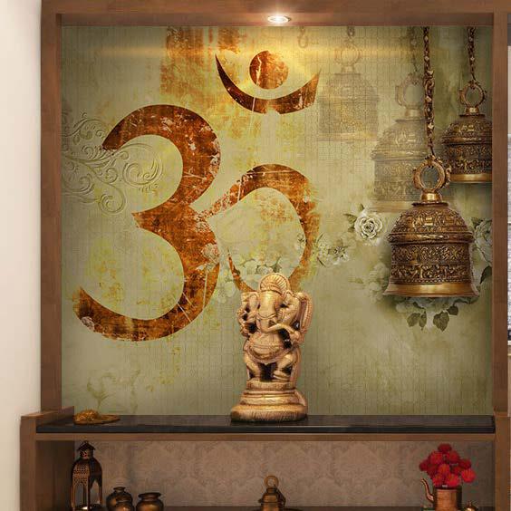 Glowing Golden Om Pooja Room Wallpaper
