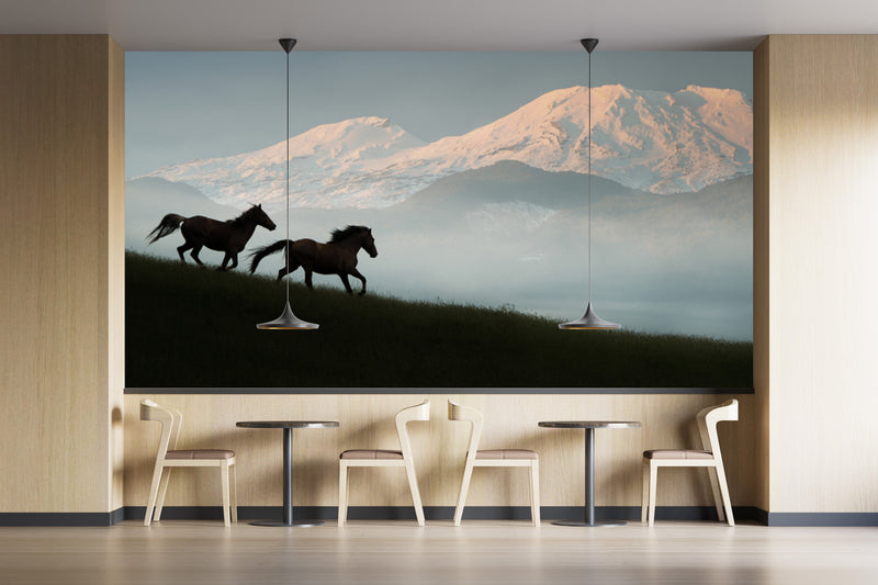 Mountain Scenery Theme Horse Wallpaper