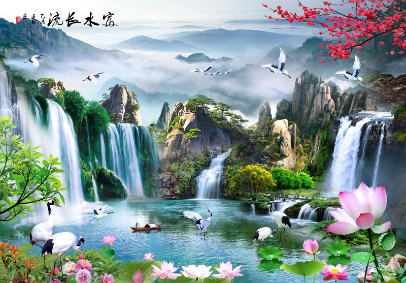 Mountain Waterfall Birds Flowers Customised Wallpaper for wall