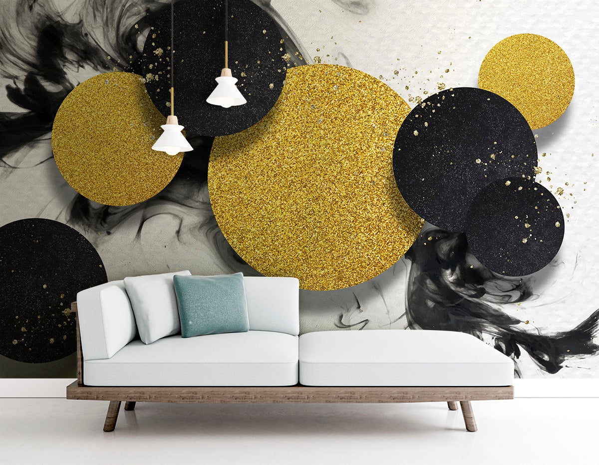 Golden, Black Glitter Circles wall covering