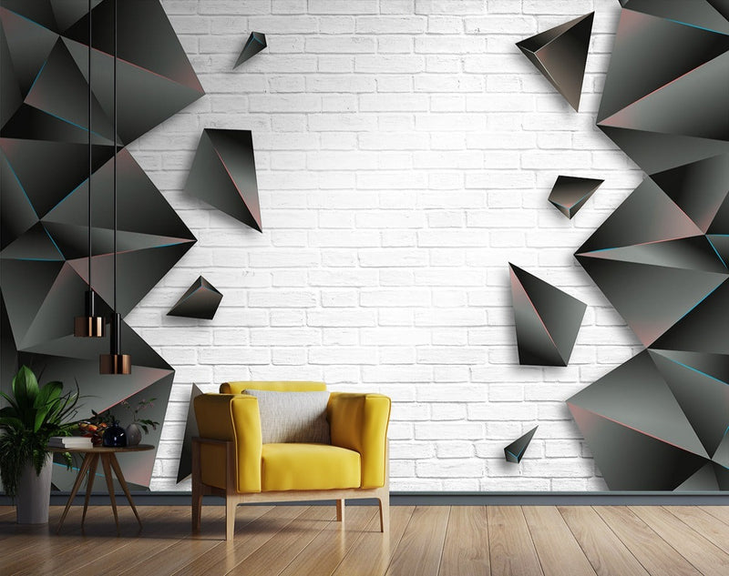 3D Black Geometric at White Bricks wallpaper for wall