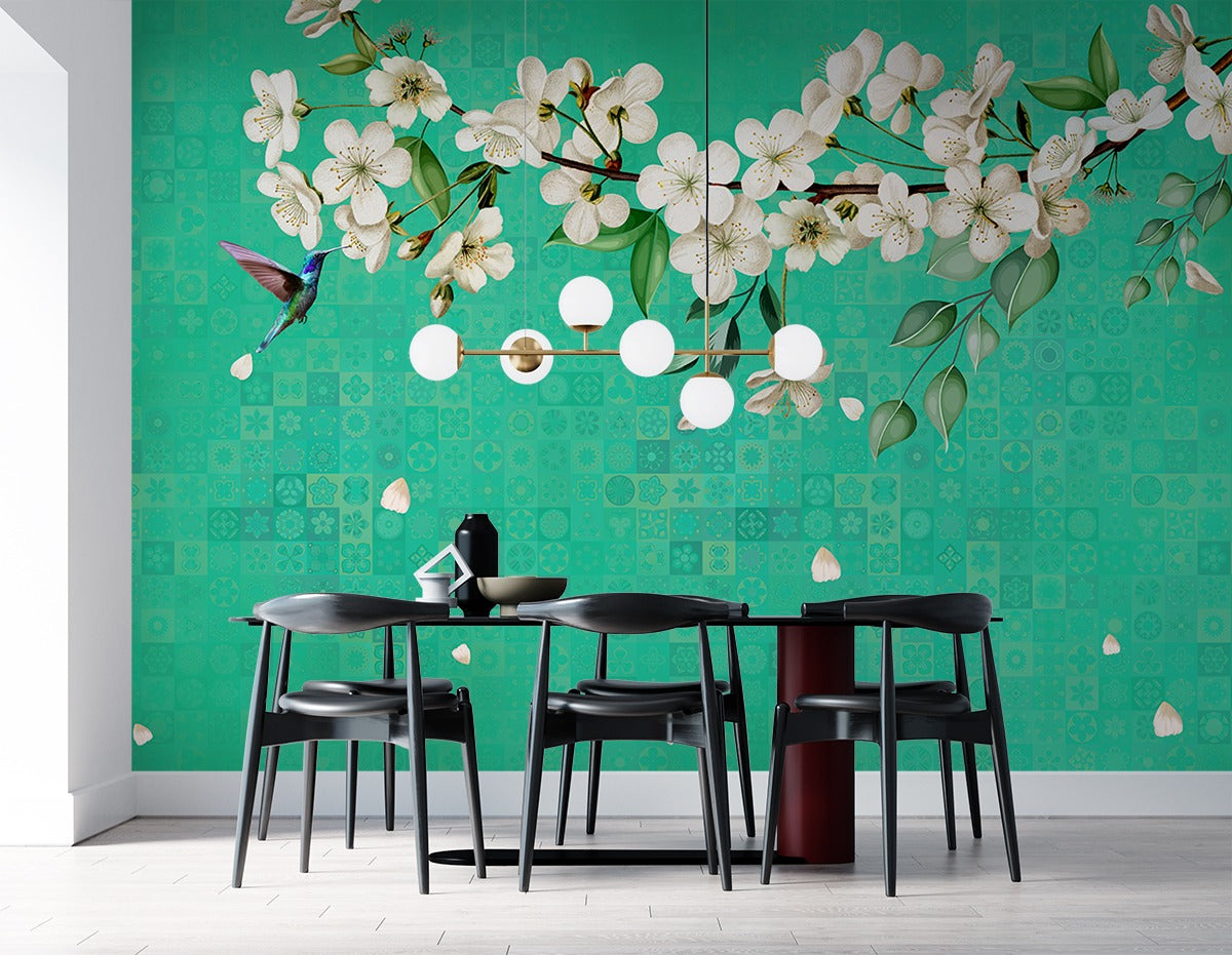 Green Background With White Flowers in Front wallpaper for wall