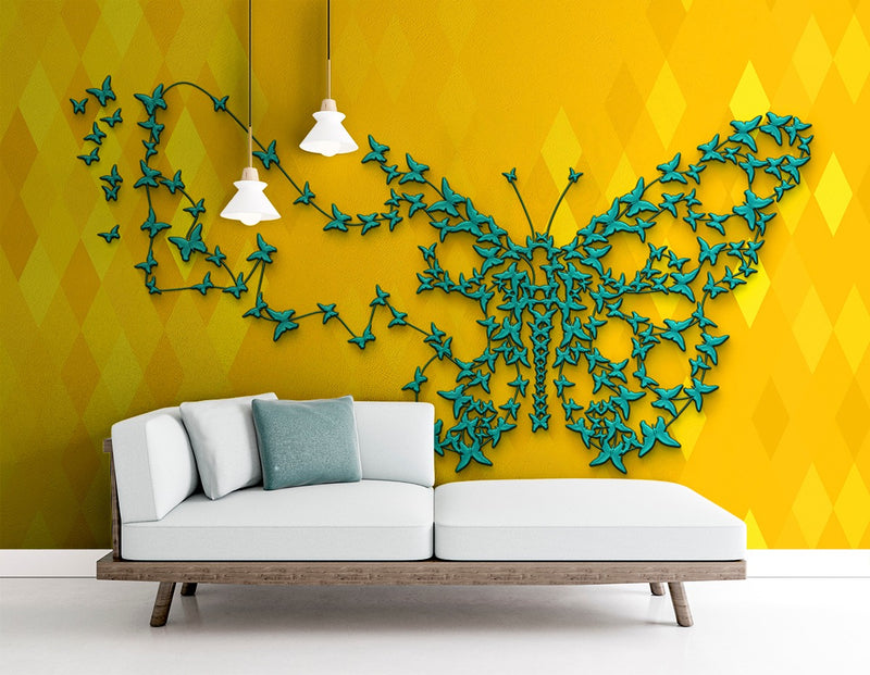 Yellow Quadilateral Background With Green Butterfly wallpaper for wall