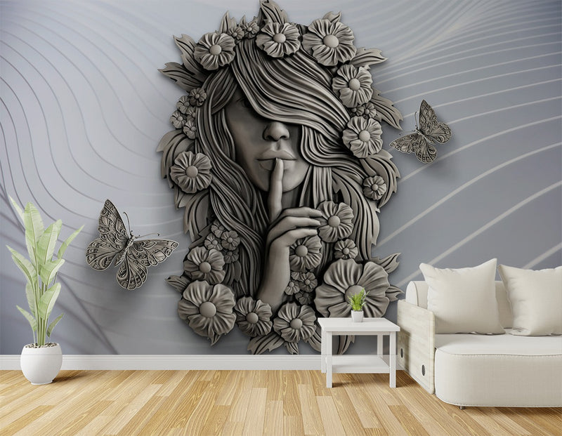 Sulptured Lady Covered With Tree Branches and Flowers wallpaper for wall