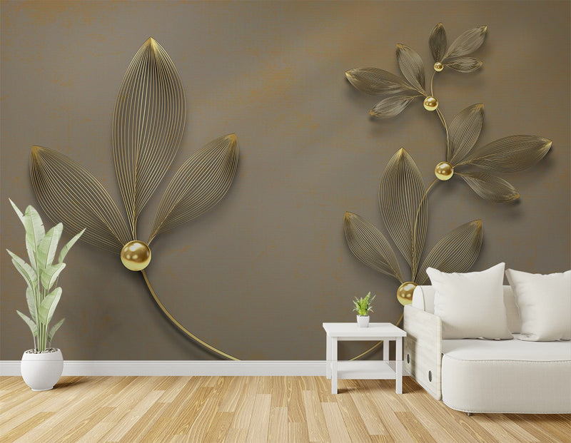 Grey Leaves With Golden Pearl wallpaper for wall