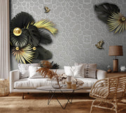 Matt Black Finish Palm Leaves wallpaper for wall