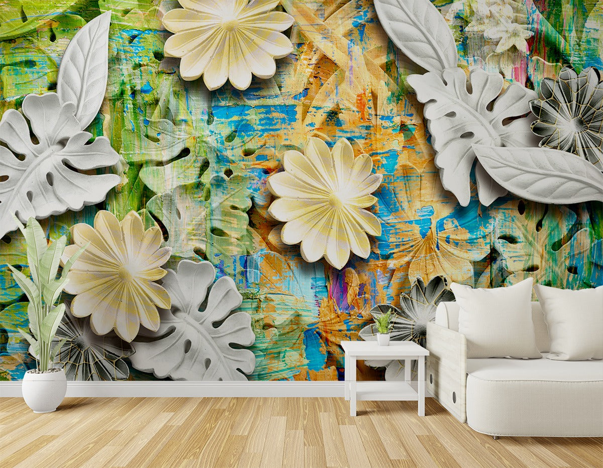 Colourful Flower and Leaves wallpaper for wall