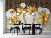 Golden Flowers At Wooden And White Brick Background wallpaper for wall