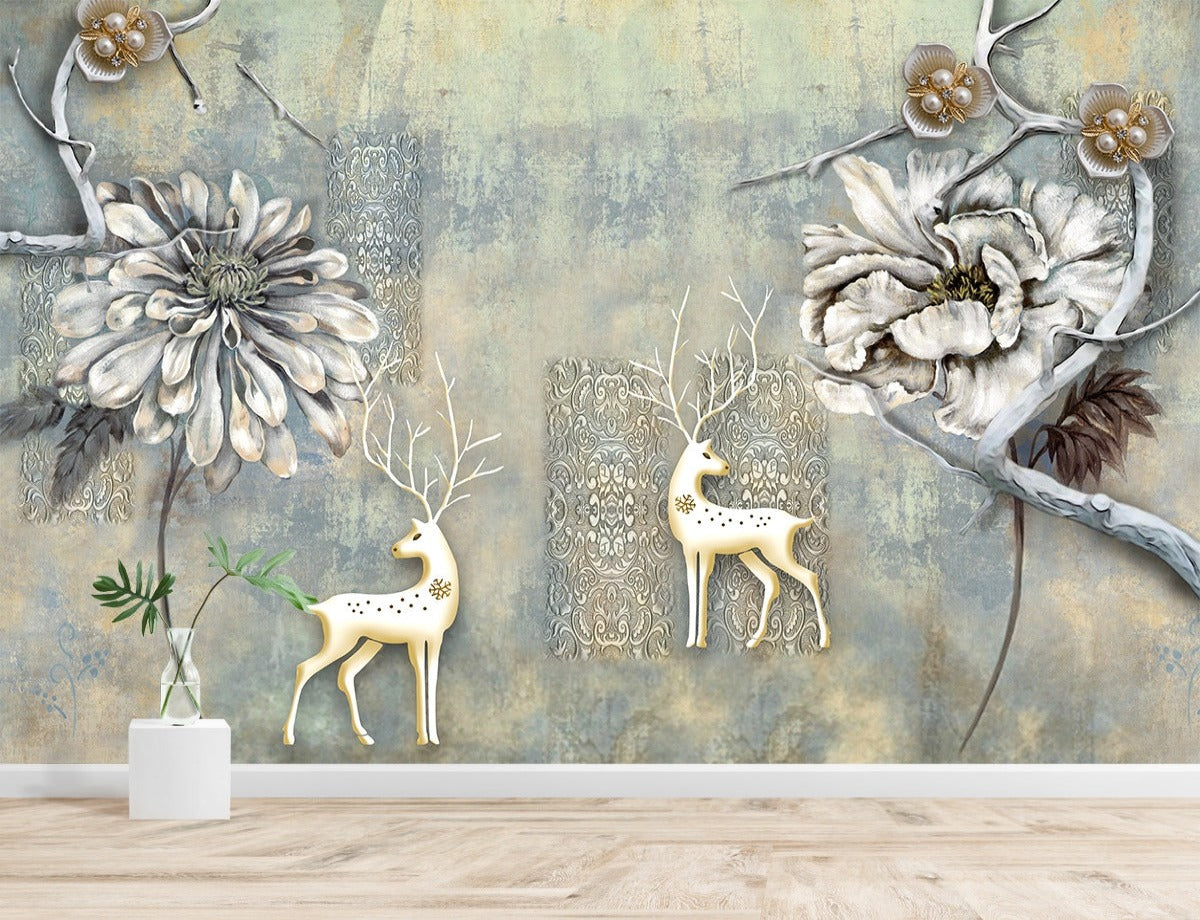Snow Deer and Flower wallpaper for wall