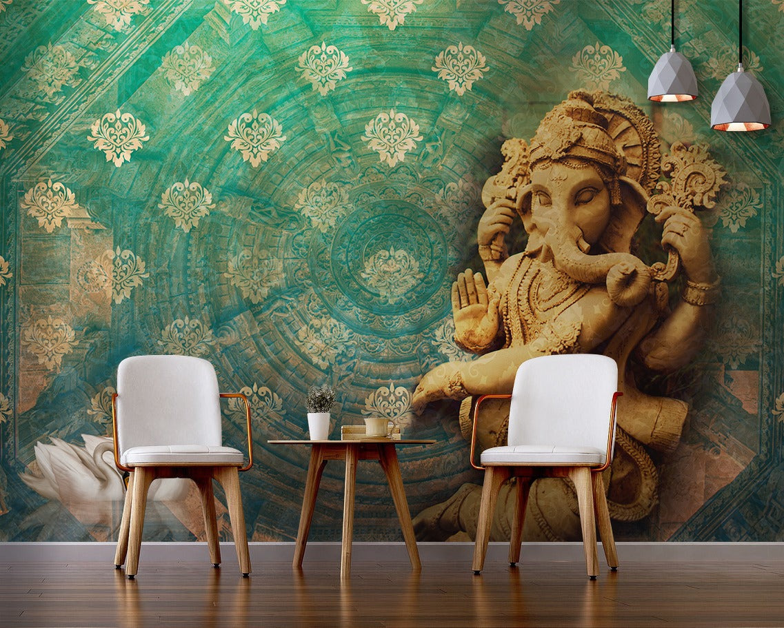 Lord Ganesh Idol With Damask Background wallpaper