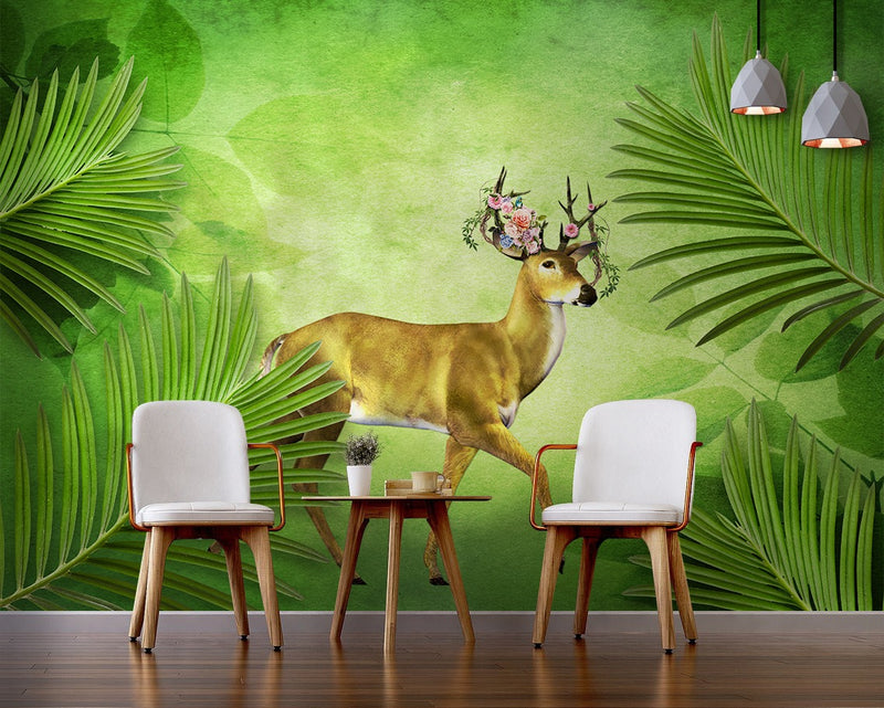 Green Palm Leaves Background & Deer for wall