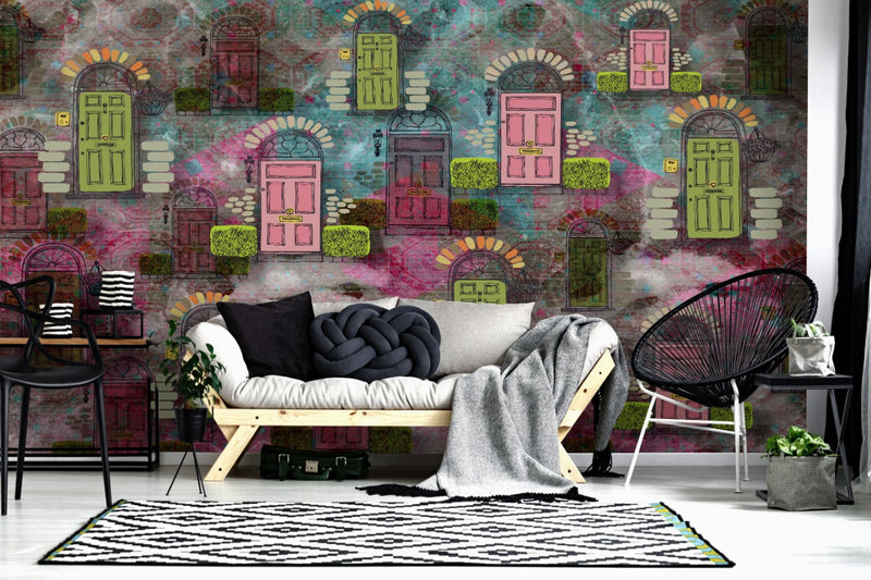 Colorful Doors Sketching Wallpaper for wall