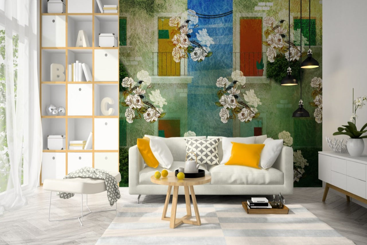 Multi-Colored Balcony Doors Flowers Wallpaper Wall-cover