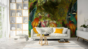 Open Flower Pattern On Green Wall Wall-cover