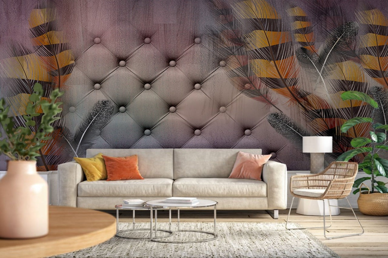 Grey Leather Yellow Feathers Customised Wallpaper for wall