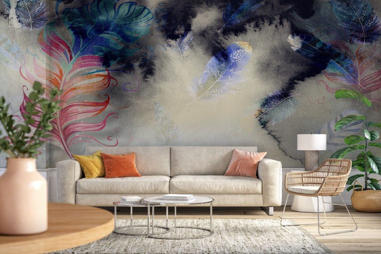 Colorful Feathers Fading In Black Background Wall-cover