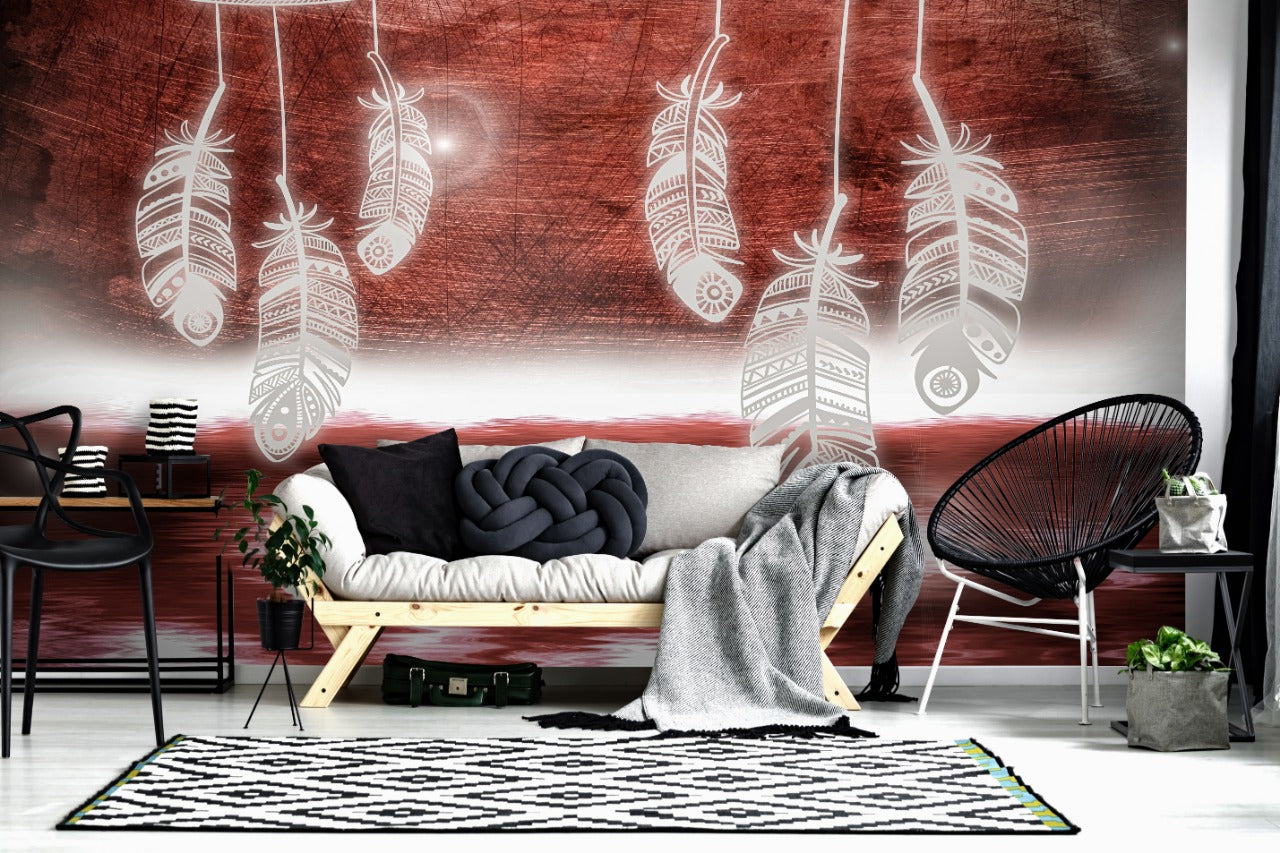 Printed Feathers Hanging On Red Gradient Wall Wall-cover