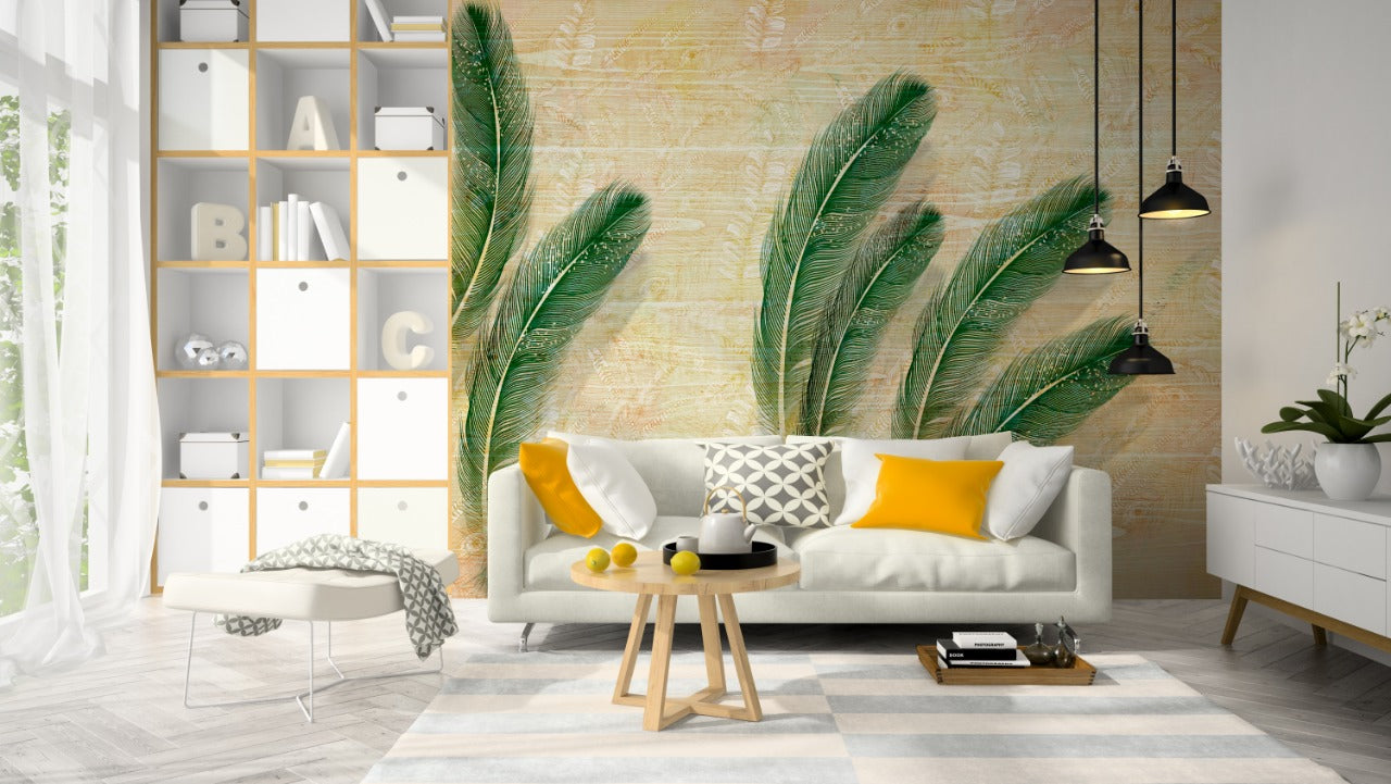 Green Feather On Beige Wall  Wall-cover