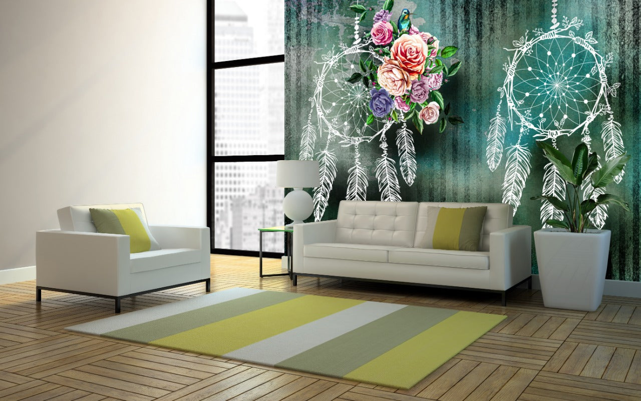 White Dream Catchers & Colorful Flowers Wall-cover