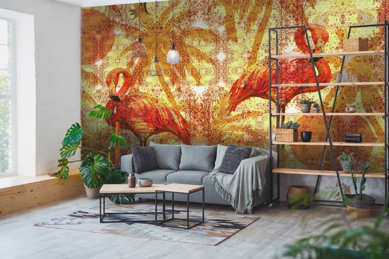 Orange & Yellow Swans In Landscape Wallpaper for wall