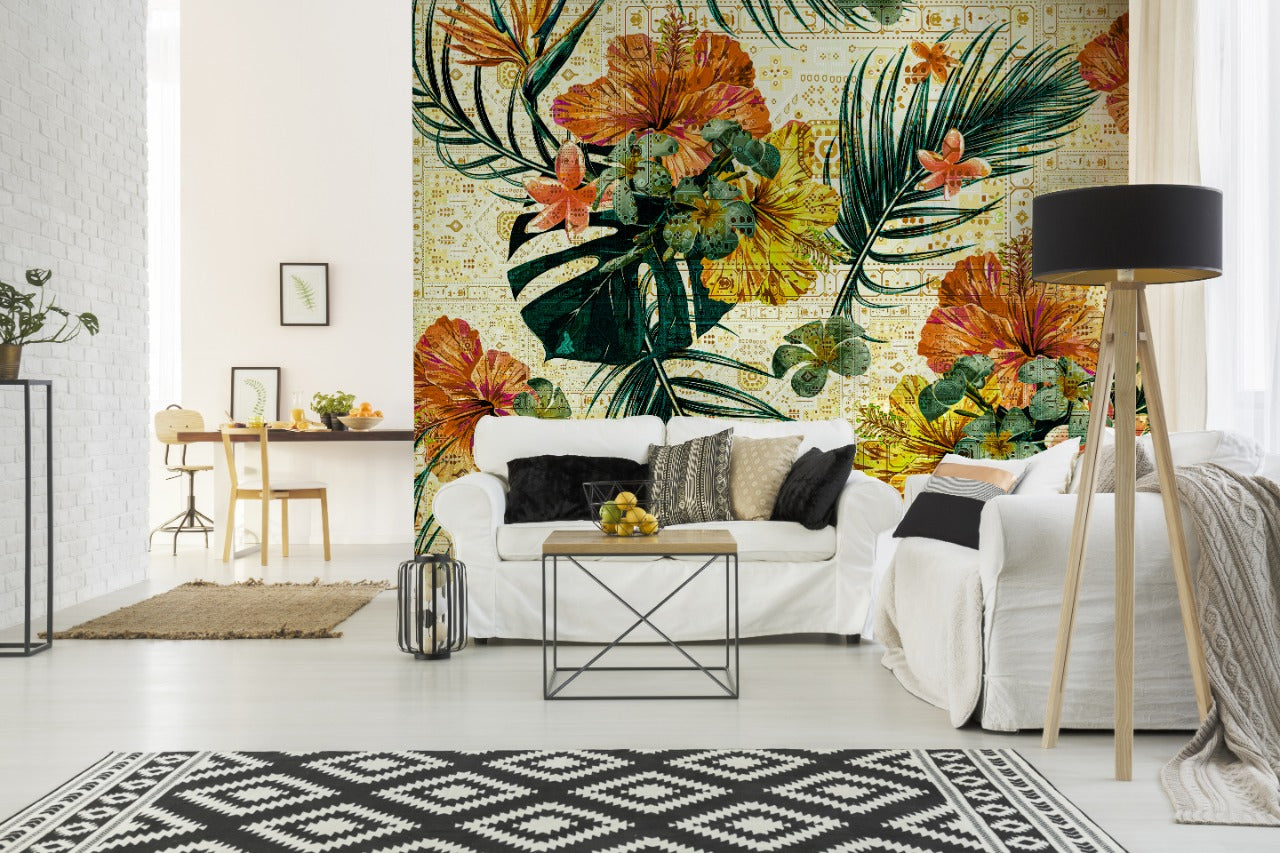 Colorful Hibiscus & Flowers On Palm Leaves Wallpaper for wall