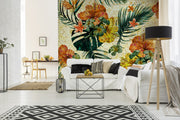 Colorful Hibiscus & Flowers On Palm Leaves Wallpaper for wall