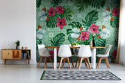 Pink Shaded Hibiscus Surrounded With Butterflies Wallpaper for wall