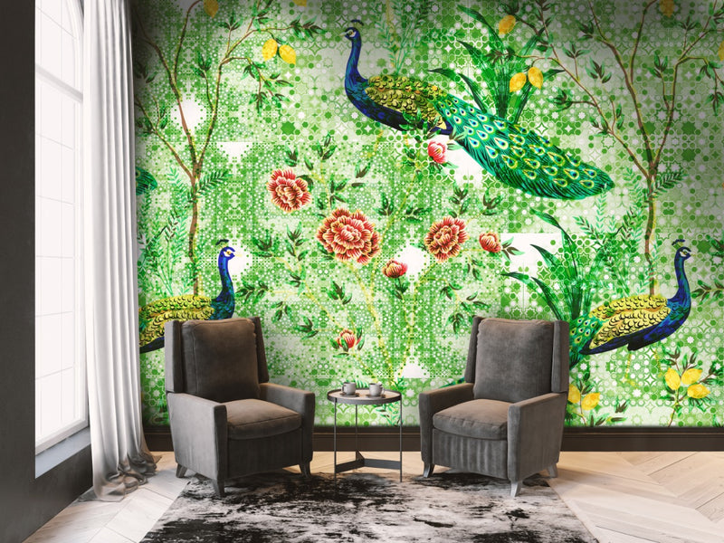 Peacocks In A Flowering Garden Wallpaper for wall