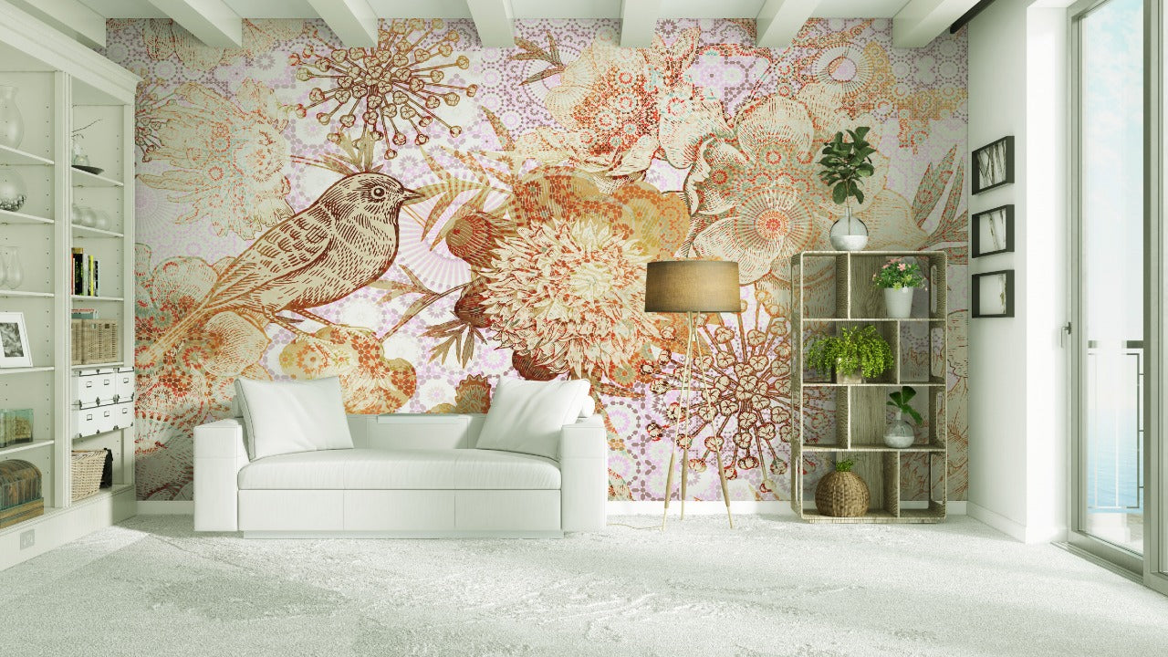 Flower Bird Sketched Type Wallpaper for wall