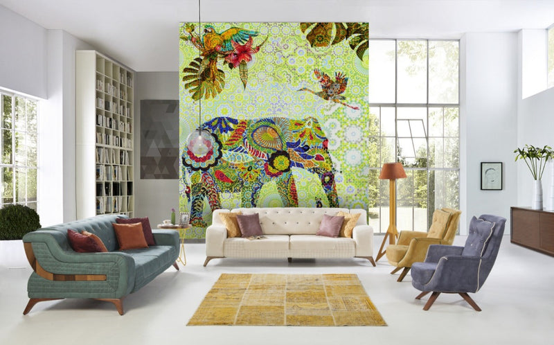 Modern Abstract Elephant & Birds Wallpaper for wall