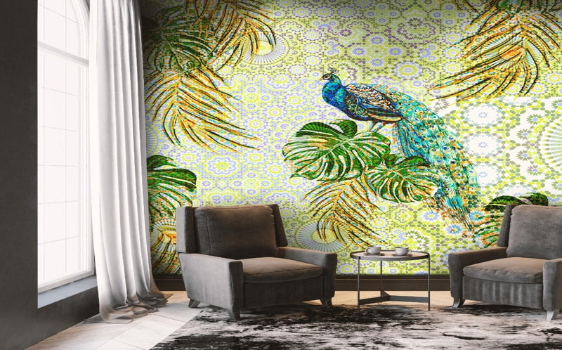 Pretty Printed Peacock On Palm Leaves  Wallpaper for wall