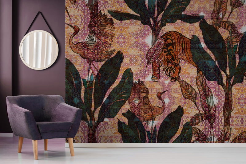 Tiger & Birds Around Banana Trees Abstract Wallpaper for wall
