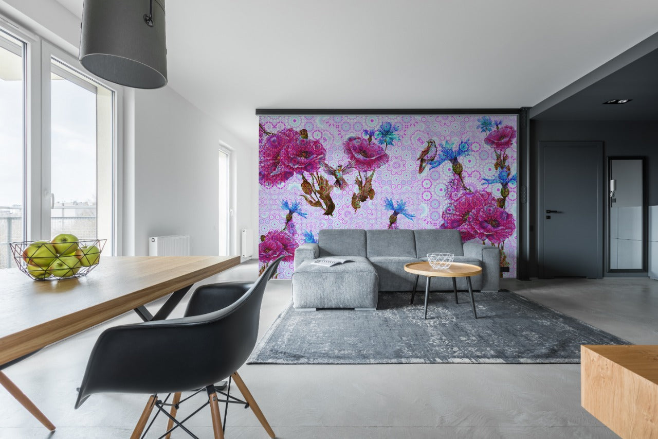 Pretty Pink & Blue Flowers Enhanced With Birds Wallpaper for wall