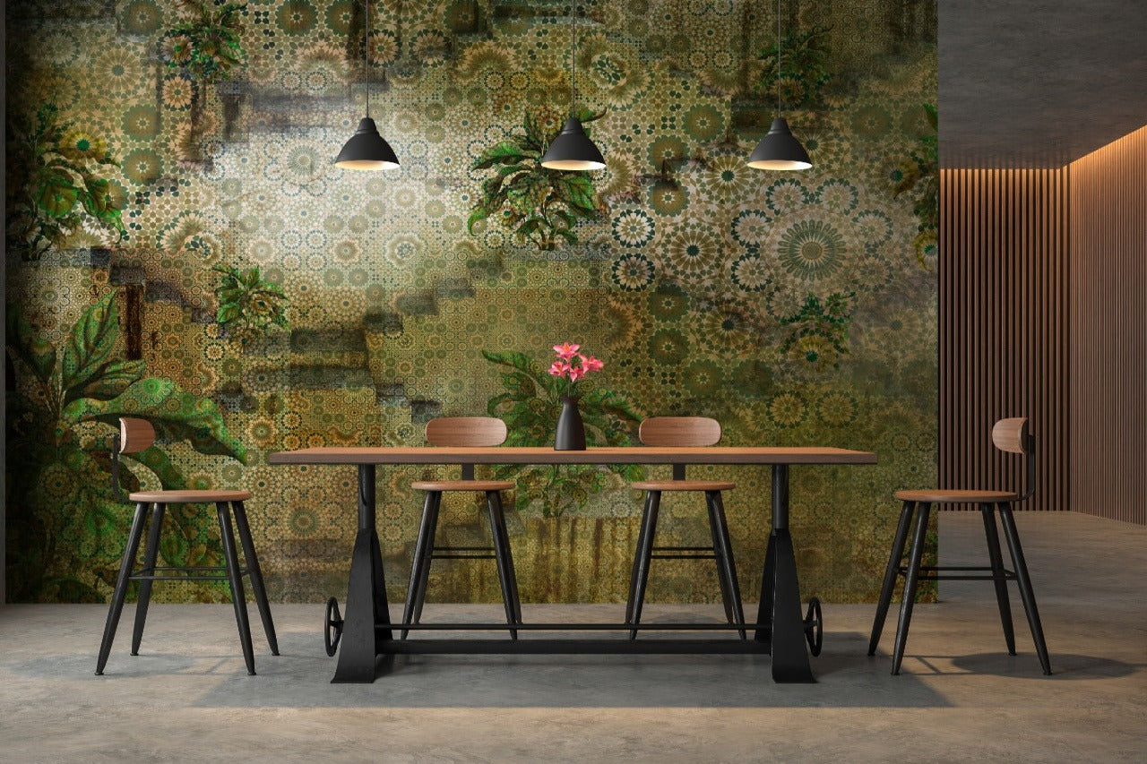 Green Rounded Geometric Background & Leaves Wallpaper for wall
