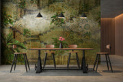 Green Rounded Geometric Background & Leaves Wallpaper for wall