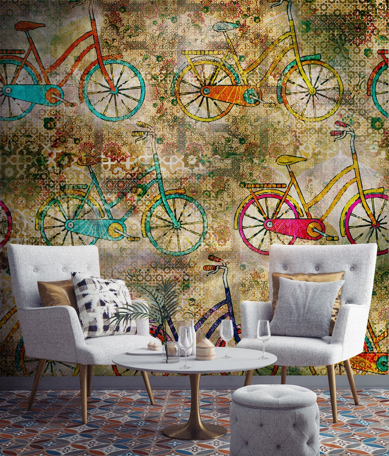 Multi Colored Sketched Cycles Wallpaper for wall