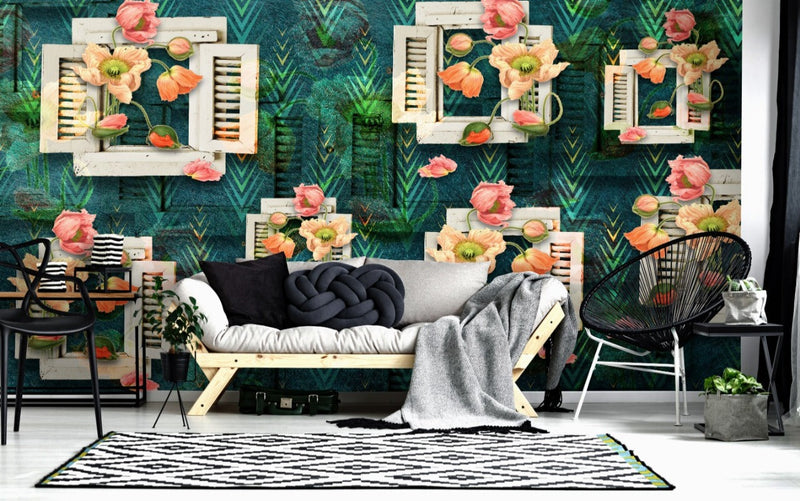 Windows & Flowers Gama Green Wallpaper for wall