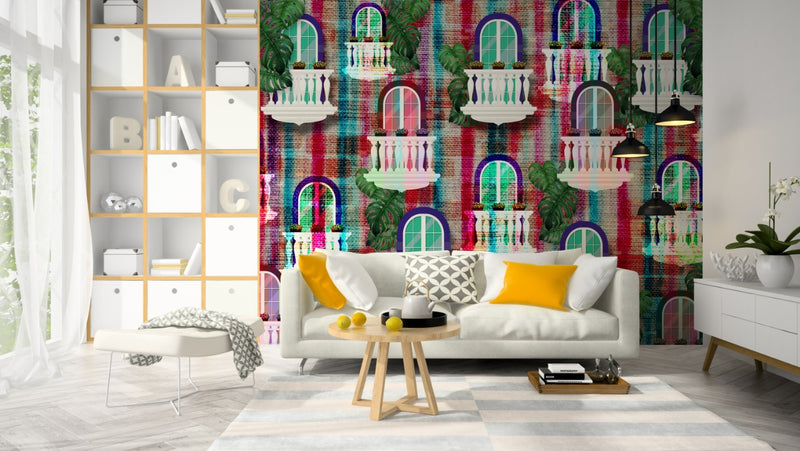 Multi Color Striped Balcony Look Wallpaper for wall