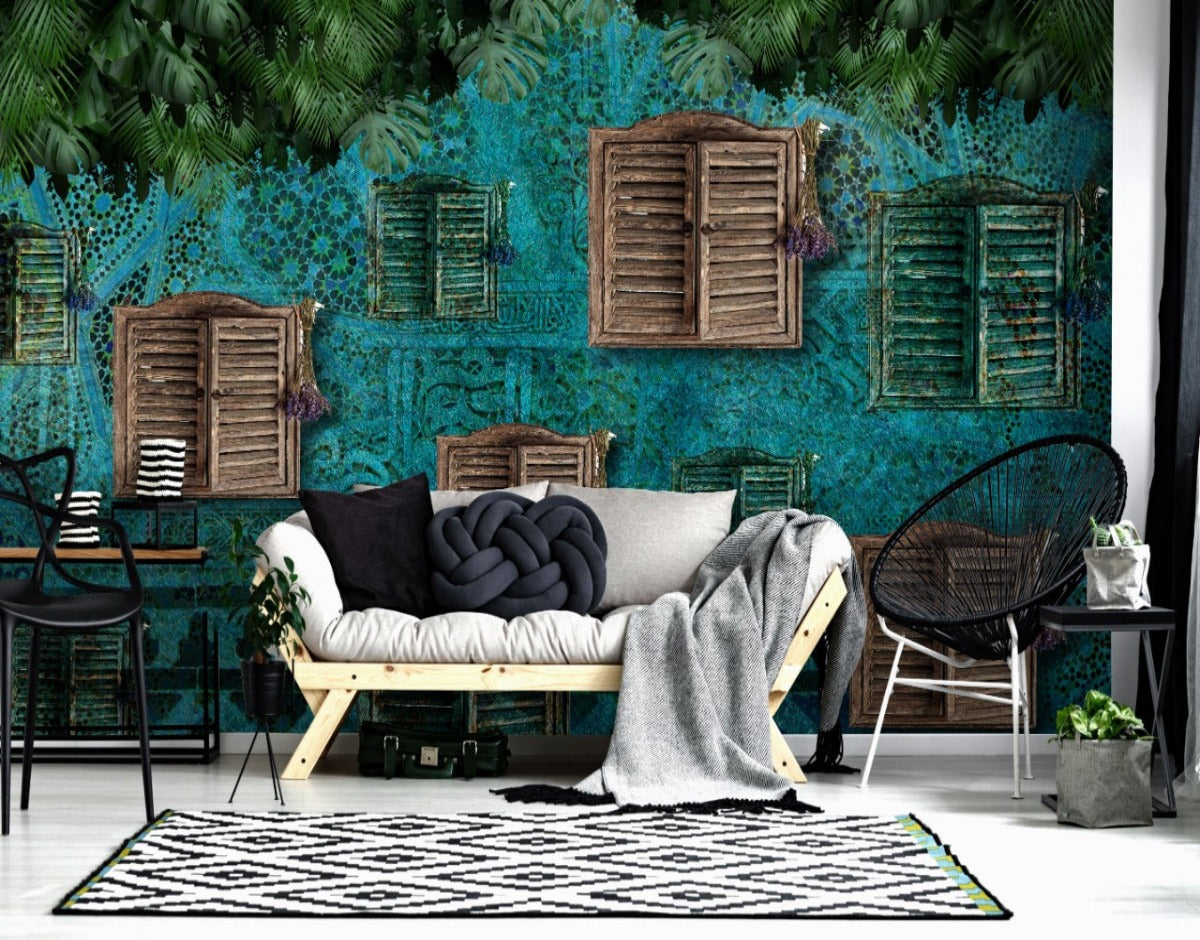 Old Forested Window Blue Green Wall wall covering