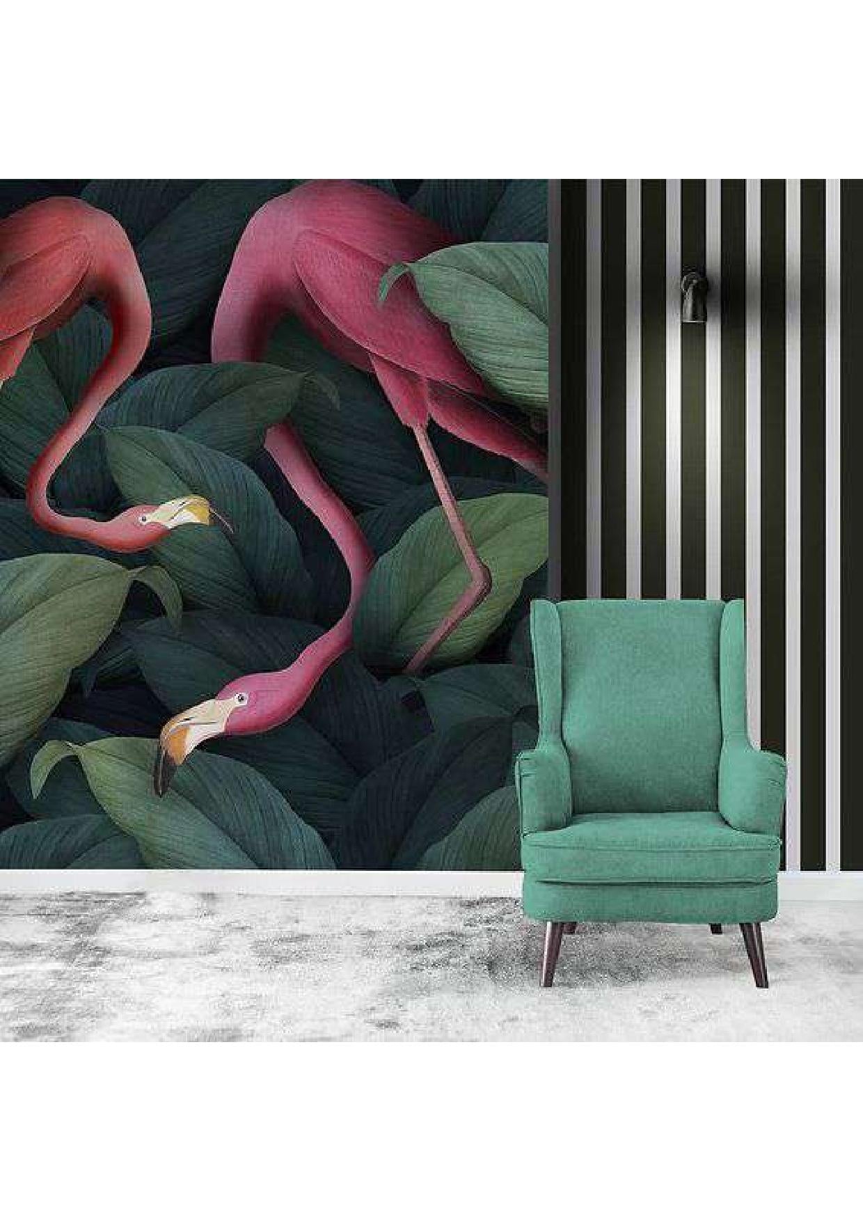 Exotic Flamingos Green Leaves Wallpaper