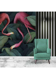 Exotic Flamingos Green Leaves Wallpaper