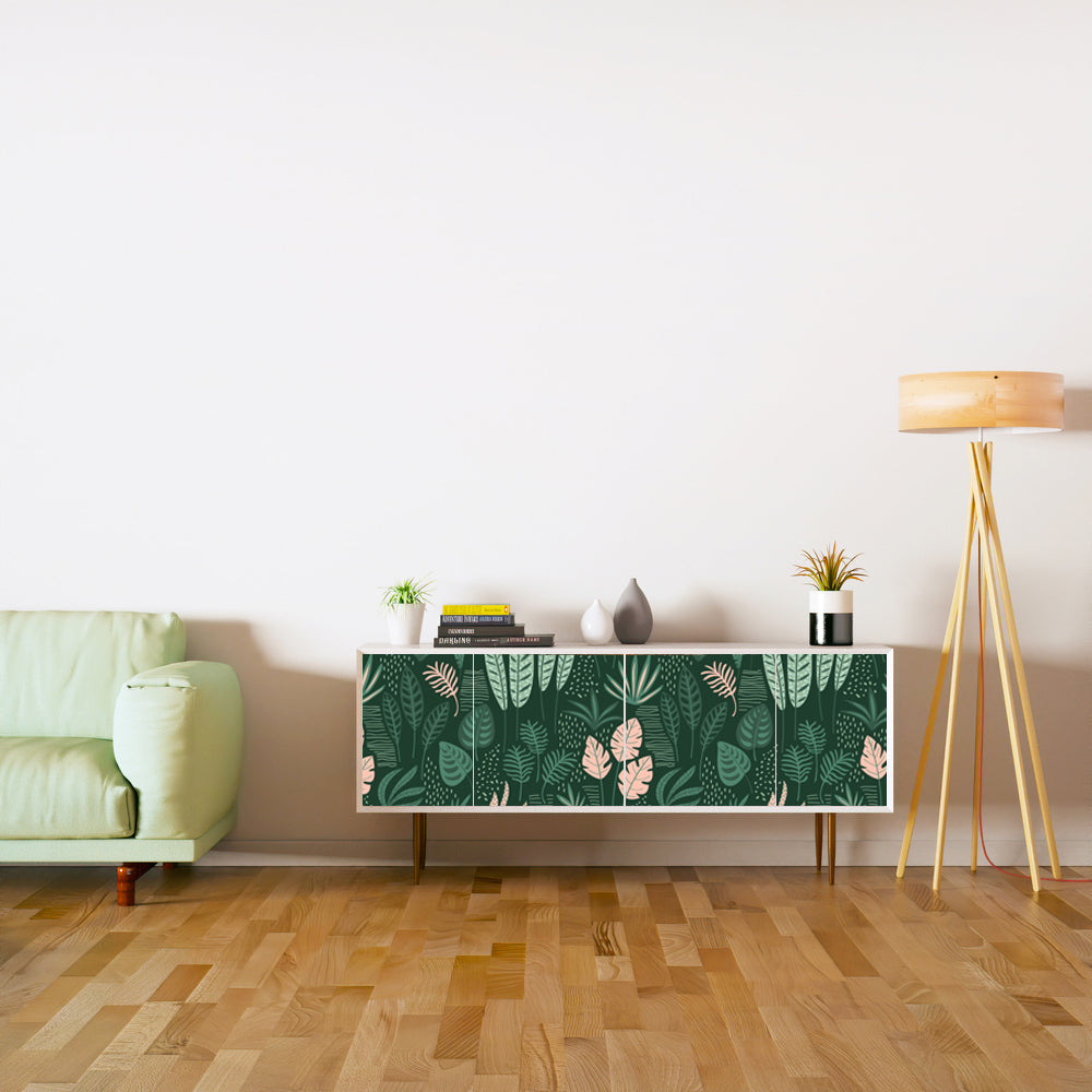 Green Pink Leafs Design Self Adhesive Sticker For Cabinet
