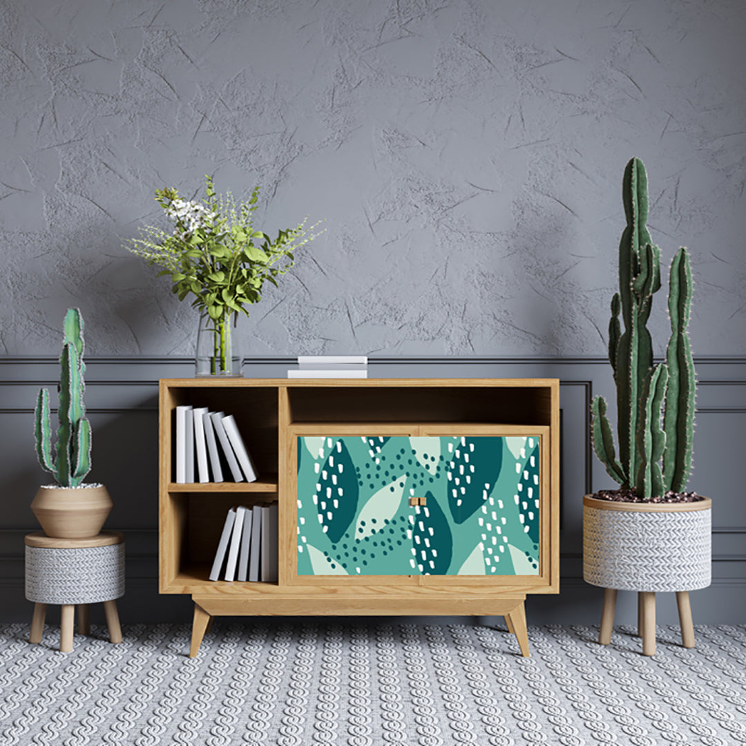 Green White Dotted Leafs Design Self Adhesive Sticker For Cabinet