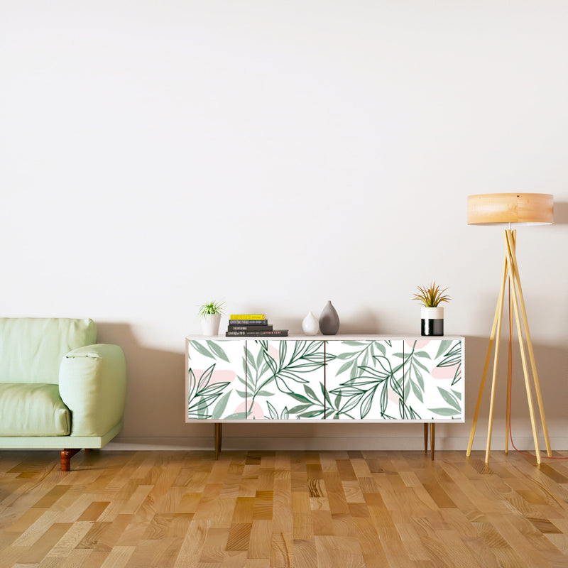 Green White Leaf Art Self Adhesive Sticker For Cabinet