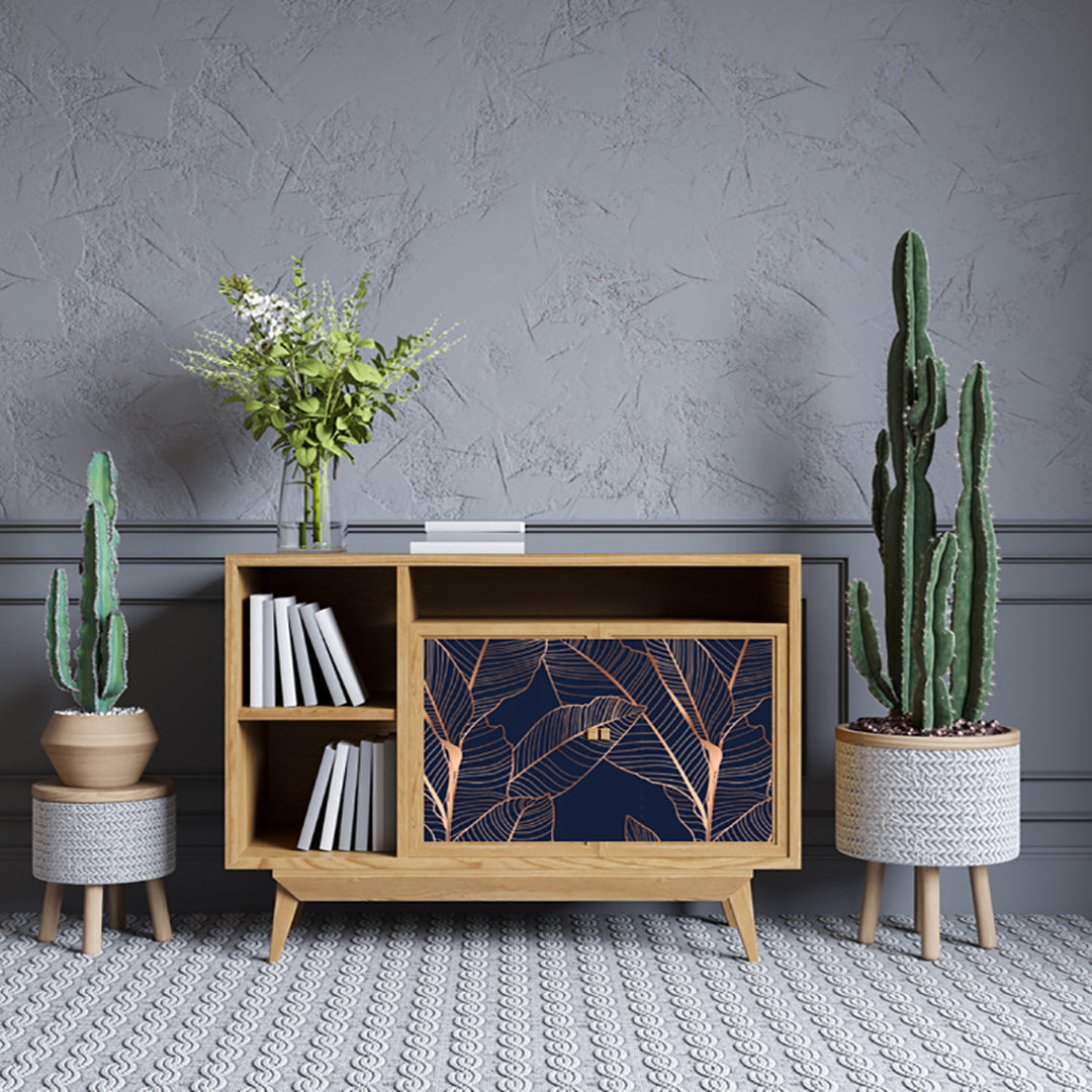 Blue Gold Shade Leafs Design Self Adhesive Sticker For Cabinet