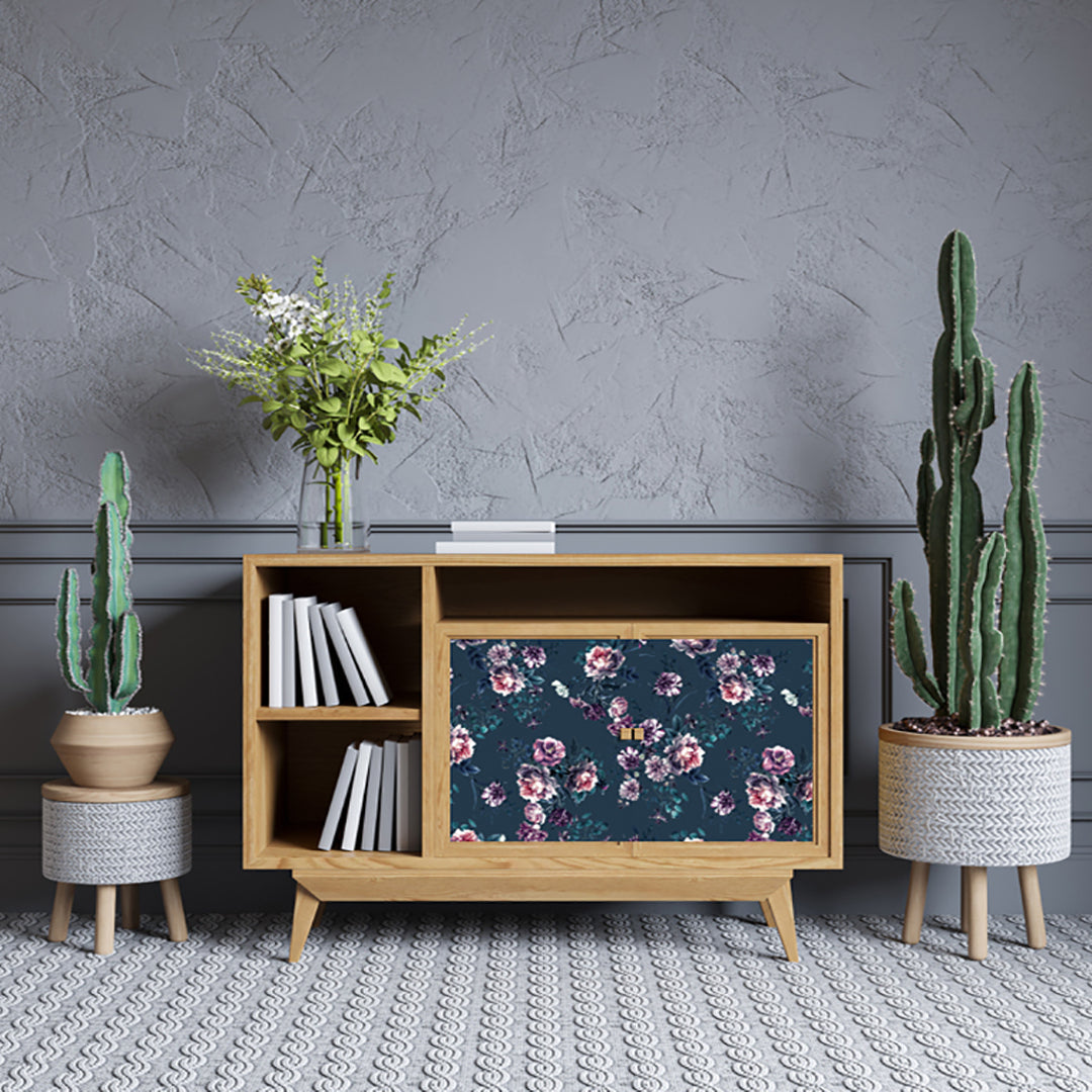 Pink Flowers With Leafs Design Self Adhesive Sticker For Cabinet