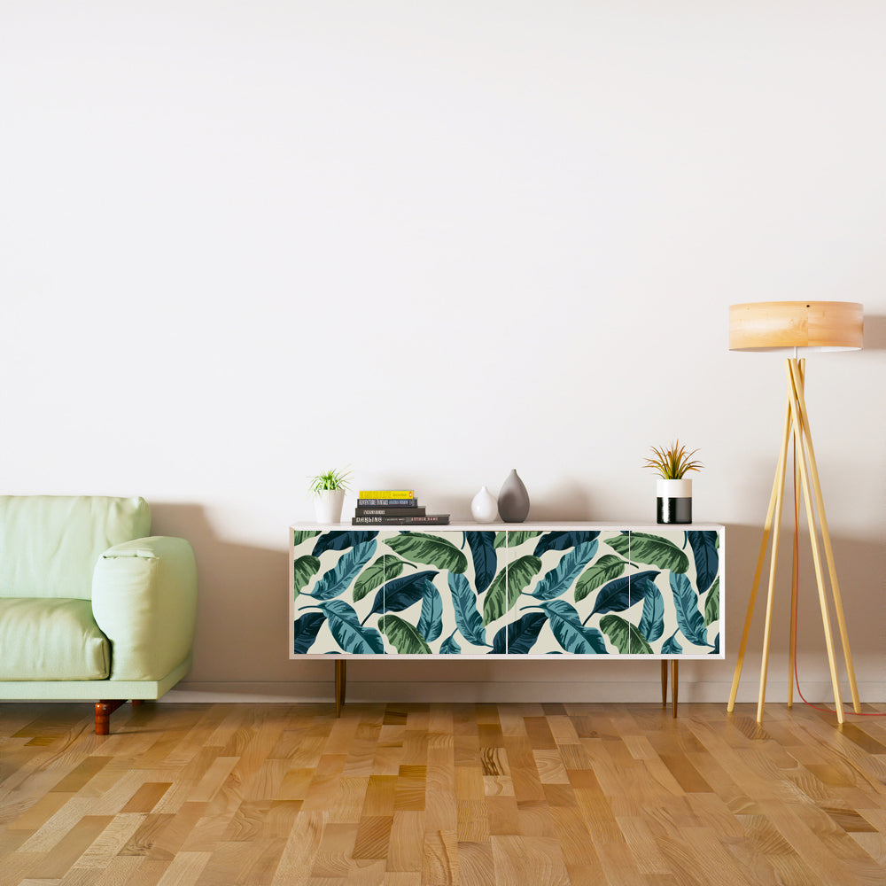 Blue Green Feather Leafs Design Self Adhesive Sticker For Cabinet