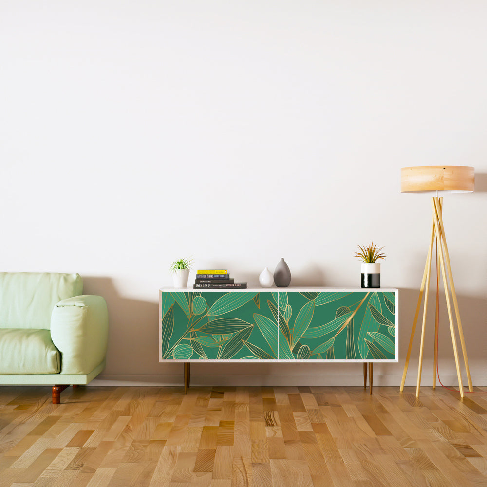 Golden Green Leafs Design Self Adhesive Sticker For Cabinet